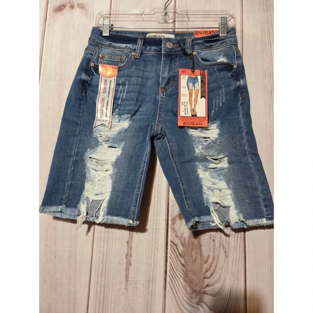 ENJEAN Womens Mid Rise Destroyed Distressed Denim Bermuda Shorts Size‎ S